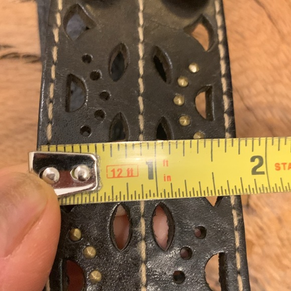 DOUBLE BUCKLE PERFORATED LEATHER BELT  WITH METAL STUDS AND SOMID BRASS BUCKLES - Picture 11 of 14